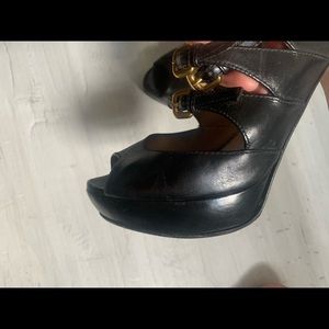 Prada Platform Triple Gold Strap Peep Toe Sandals